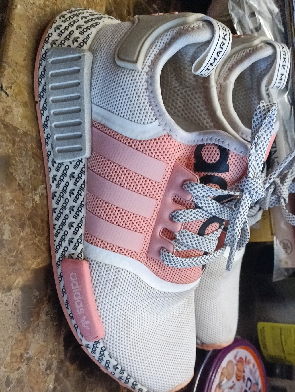 Adidas NMD R1 sneakers, featuring a white, pink, and black design Sz 5.5